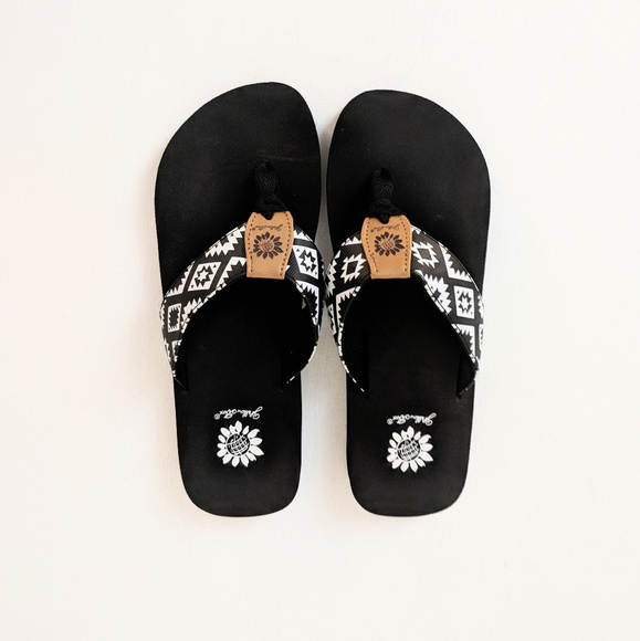 yellow box denim flip flops